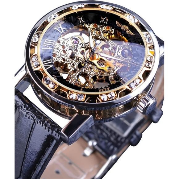 Retro Manual Mechanical Skeleton Watch with Diamond and Carving Flower Craft - Picture 3 of 6